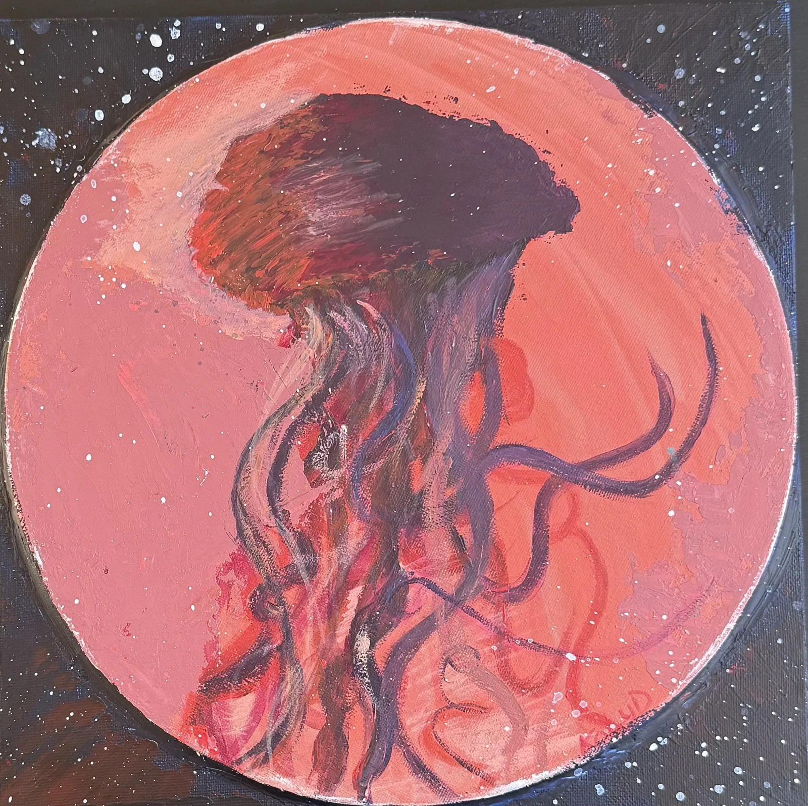 Terracotta and dark red jellyfish abstract painting on a round canvas.
