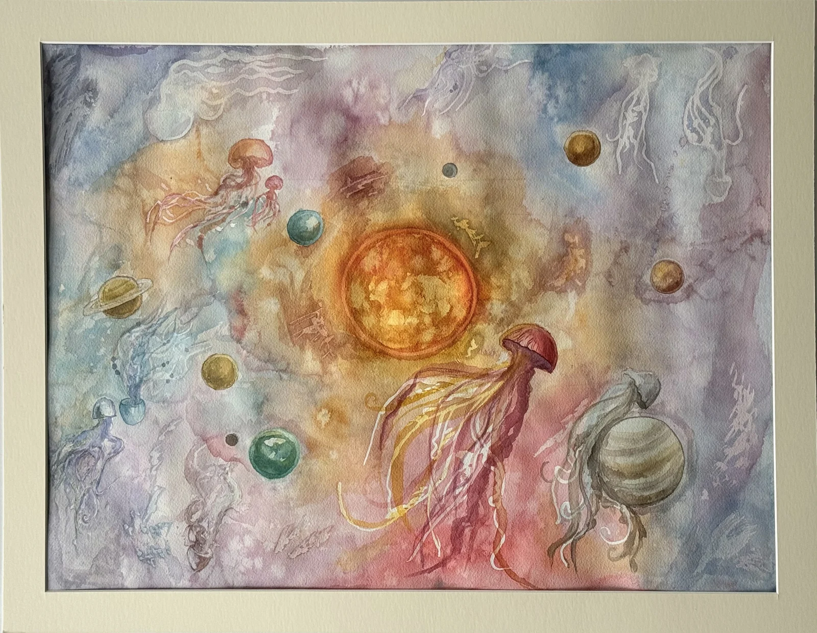 Watercolour jellyfish in space with planets and stars.