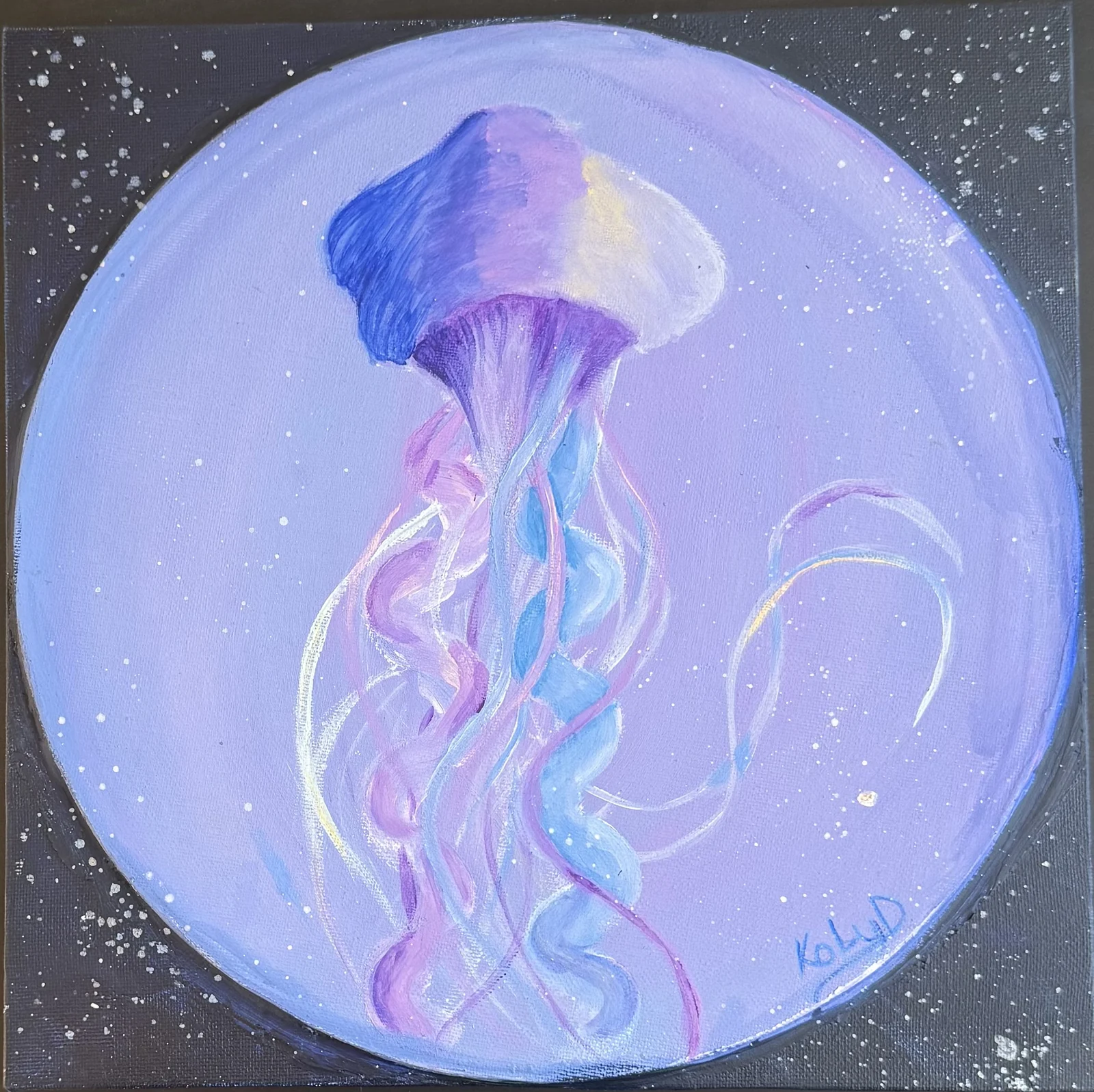 Lavender jellyfish drifting through space on a round canvas.