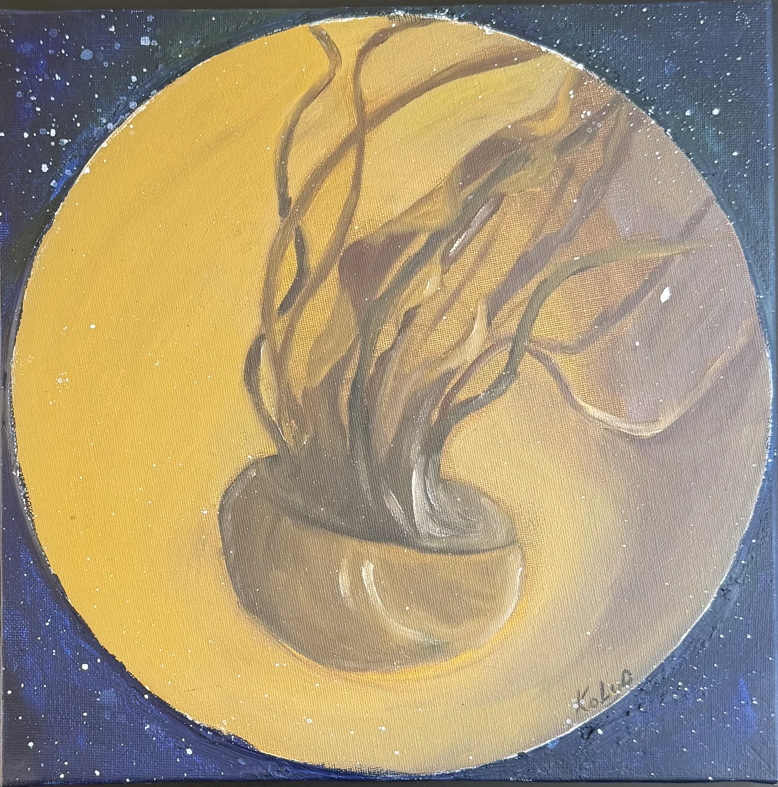 Warm golden monochrome jellyfish painting on a round canvas.